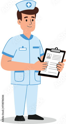 Male nurse illustration, holding clipboard, hospital uniform, medical professional, healthcare worker, patient care, hospital staff, cartoon character, nurse role