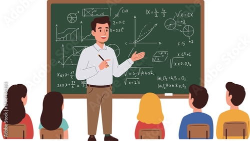 Math teacher illustration, classroom teaching scene, students learning math, chalkboard with formulas, education concept, school lesson, vector cartoon