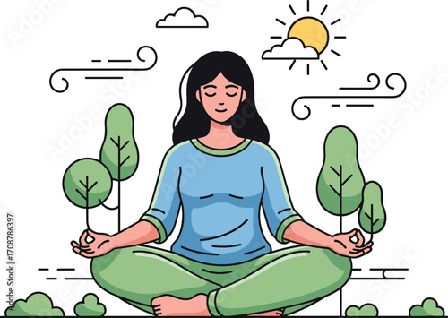 Peaceful woman meditating outdoors, practicing mindfulness, yoga in nature, serene environment, relaxation, wellness, healthy lifestyle, calm mind, sunlight.