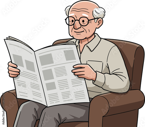 Senior man reading newspaper, elderly person sitting in chair, relaxed retirement lifestyle, old man, daily news, vector illustration