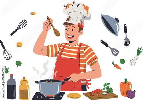 Young chef cooking, kitchen utensils, colorful vegetables, cooking pot, culinary art, professional chef, kitchen scene, healthy ingredients, food preparation, cooking process, chef with spoon
