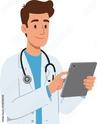 Young male doctor using tablet, medical professional with stethoscope, healthcare technology, digital health records, modern medical consultation, telemedicine concept.