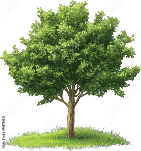 Lush Green Tree with Detailed Leaves and Blue Berries on White Background foliage branches