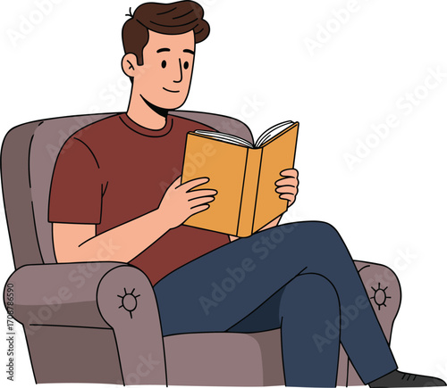 Young man sitting comfortably on armchair, reading book, relaxed posture, casual clothing, indoor leisure activity, focused expression, white background.