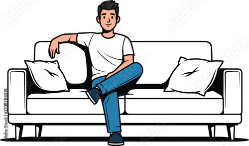 Young man sitting on white sofa, relaxed pose, modern interior, casual outfit, home comfort, peaceful mood, leisure at home
