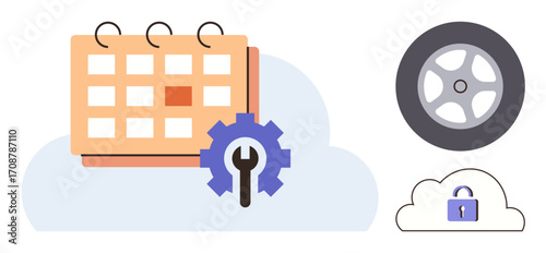 Calendar with gear for maintenance, wheel for mobility, and cloud with lock for data security. Ideal for organization, planning, maintenance, technology, mobility security cloud computing. Simple
