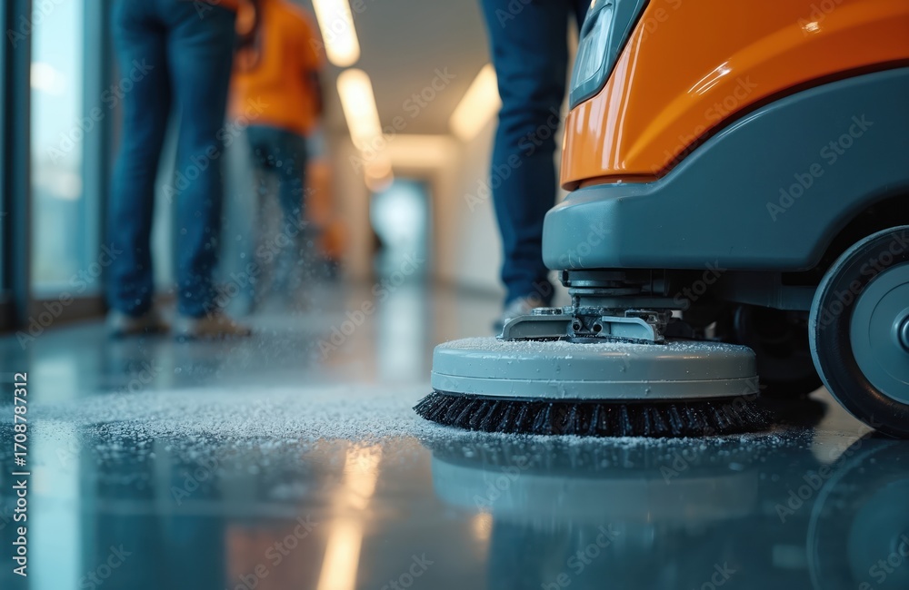 Fototapeta premium Commercial floor cleaning machine scrubs shiny corridor floor. Pro small business maintenance equipment ensures janitorial services, sanitation, hygiene. Workers in blue jeans, orange shirts assist.