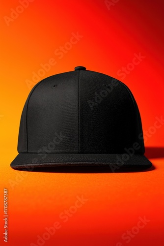 A black baseball cap mockup against a vibrant orange gradient background