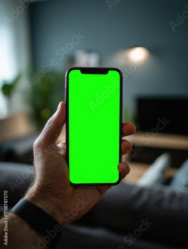 Wallpaper Mural Hand holding smartphone with green screen in modern living room Torontodigital.ca