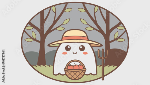 Cute Ghost Farmer With Straw Hat 