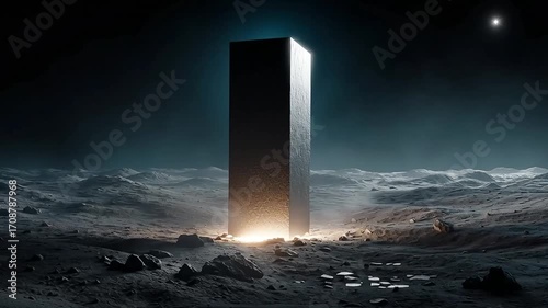 Futuristic black monolith rising from a barren rocky alien landscape