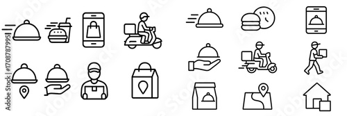 Delivery icons showcasing diverse food delivery options and services including meals, beverages, and courier activities