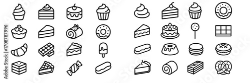 Delicious assortment of sweet treats displayed in black and white line art style on a clean background