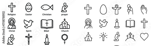 Easter symbols and icons representing Christianity, prayer, and religious themes shown in simple line art style