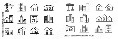 Urban development concepts illustrated through simple line icons featuring construction and architecture elements