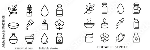 Collection of essential oil icons in simple line style for wellness and aromatherapy use