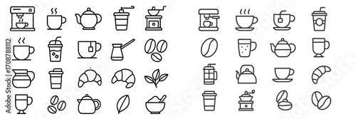Collection of coffee and tea icons featuring various beverages and related equipment in a simple line art style
