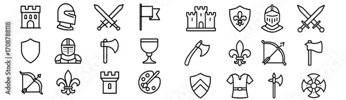 Various medieval symbols and objects featuring knights, swords, shields, and castles in a simplified line art style