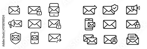 Various icons representing email security features, notifications, and actions in a simple design