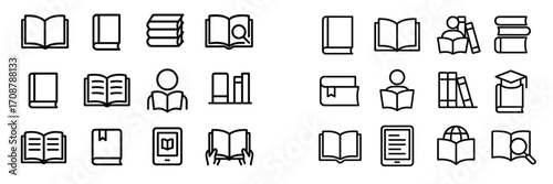 Different kinds of books and readers illustrated as simple icons on a clean background