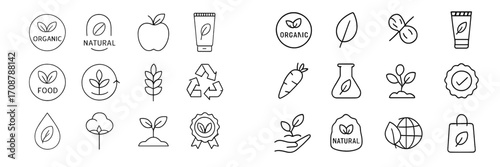 Collection of simple line icons representing organic and natural themes for eco-friendly products and practices