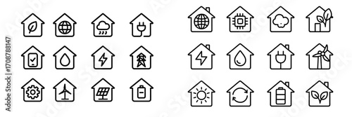 Icons representing various aspects of sustainability in home design and energy management for modern living spaces