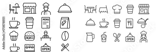 Collection of simple restaurant and cafe icons showcasing food, drinks, and dining elements in a minimalist design