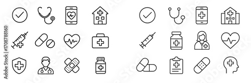 Health care icons in simple line art representing medical services, equipment, and health professionals