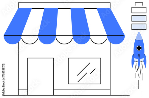 Storefront with striped canopy paired with a launching rocket and progress bars. Ideal for business growth, startup success, entrepreneurship, innovation, retail expansion, achievements, development