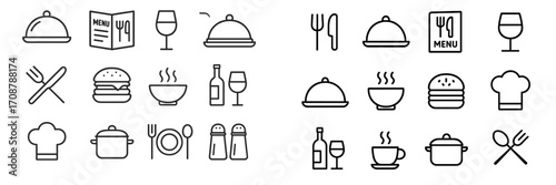 Icons of food and dining with various utensils, beverages, and meals displayed for restaurant menus