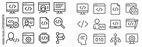 Collection of programming and computer-related icons illustrating coding, software development, and user interface design in a simple style