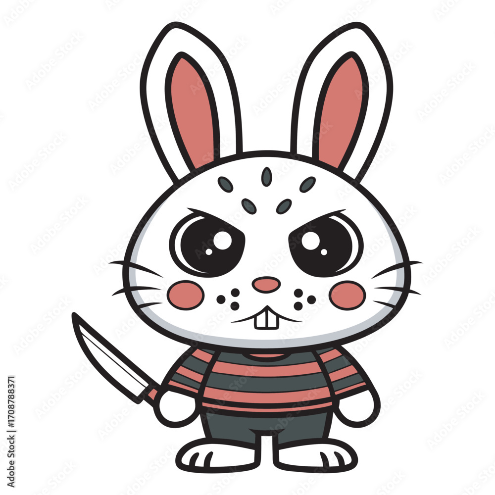 Obraz premium Grumpy Cartoon Rabbit Holding Knife With Red Stripes Shirt bunny cute