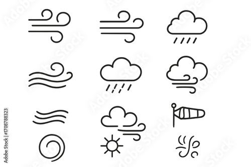 Weather symbols displayed in a simple design representing various atmospheric conditions