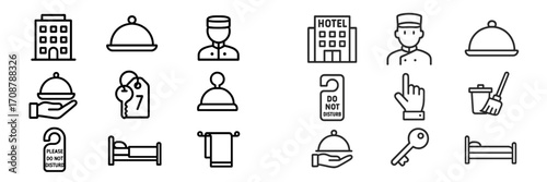Icons representing hotel services and amenities for a guest experience at a lodging facility