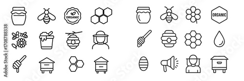 Set of line art icons related to beekeeping, honey production, and organic farming