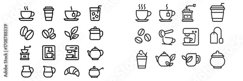 Collection of coffee and tea related icons showcasing various beverages and utensils for drink enthusiasts