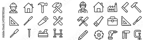 Collection of construction and handyman tools represented in simple line art demonstrating various activities in building and repairing