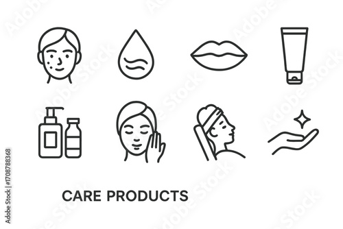 Different types of care products for skincare routine and beauty treatment displayed in simple icons