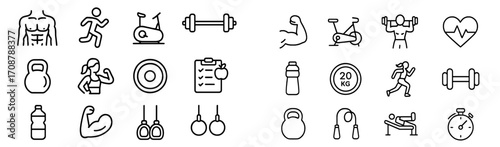 Fitness icons representing various exercise types, gym equipment, and health activities in a minimalist design