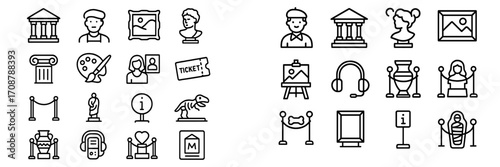 Collection of museum icons representing art, architecture, and visitor activities in a well-organized layout for public engagement