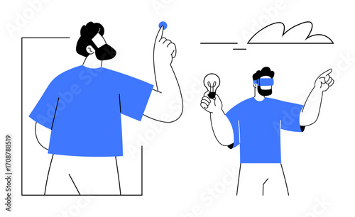 Man pointing at concept, holding light bulb as idea, cloud background. Ideal for creativity, brainstorming, innovation, strategy, future vision, decision-making simple flat metaphor