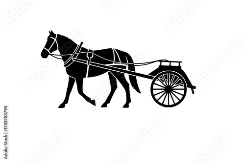 Silhouette Horse pulling cart. Traditional rural transportation
