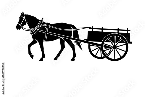 Silhouette Horse pulling cart. Traditional rural transportation
