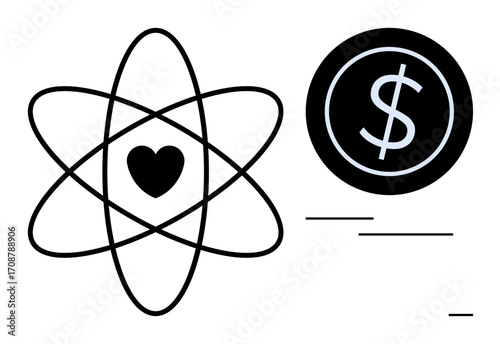 Atomic shape with heart at center and dollar coin symbolizing science, love, and economy connection. Ideal for innovation, sustainability, balance, ethics, economy science love. Simple flat