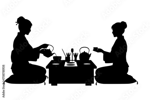 Silhouette tea ceremony. Asian traditions and culture.
