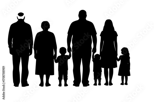 Family silhouettes grandparents father mother and three children from back
