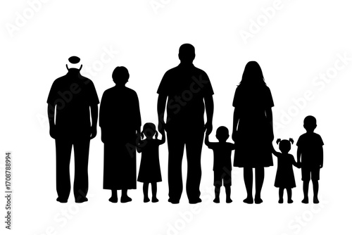 Family silhouettes grandparents father mother and three children from back

