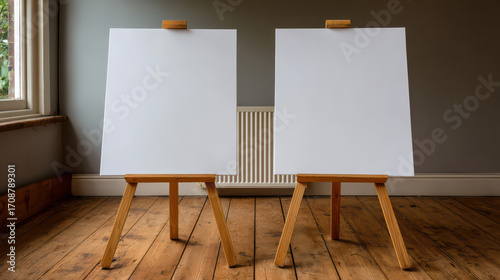 Wallpaper Mural Empty Canvases in Artistic Setting: Two blank canvases stand poised on wooden easels, bathed in natural light, inviting artistic expression and the blank canvas of artistic space. Torontodigital.ca