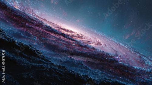 realistic shot of an awe-inspiring view from the edge of the andromeda galaxy, showcasing its vast spiral arms and intricate patterns in deep space. the milky way is visible on one side as it drifts t