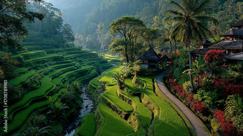 Peaceful rice terraces in Bali at sunrise, morning mist rising, lush green tropical scenery —v 7.0 --no hands
